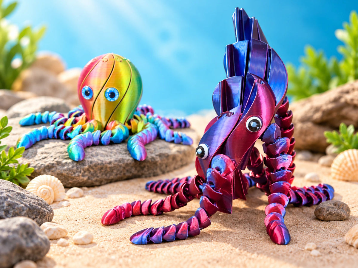 olorful 3D printed articulated Blobtopus toys by WiggleNest, featuring rainbow and metallic purple-blue designs with movable tentacles and playful eyes, displayed in a bright ocean-inspired setting.