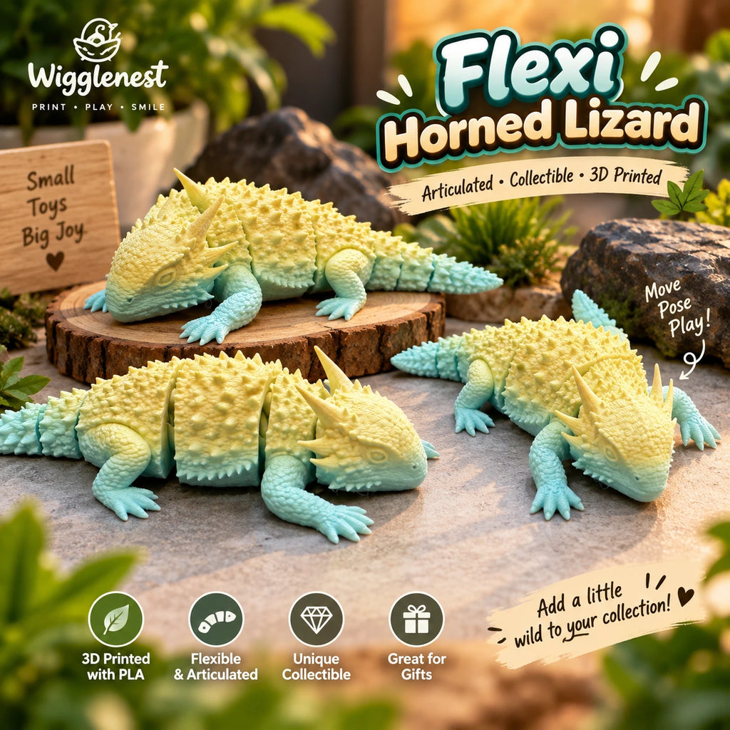 Three pastel yellow and light blue 3D-printed Flexi Horned Lizard collectibles displayed in a warm nature-inspired setting with rocks, greenery and wooden accents. The articulated lizards feature detailed textured scales, horns and flexible segmented bodies, presented as unique PLA collectibles by Wigglenest.