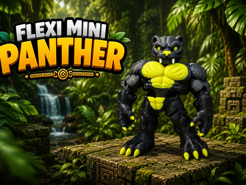 Cute Flexi Mini Panther 3D printed articulated toy, a playful pocket-sized jungle animal fidget for kids, collectors, party gifts and sensory play by Wigglenest 3D.