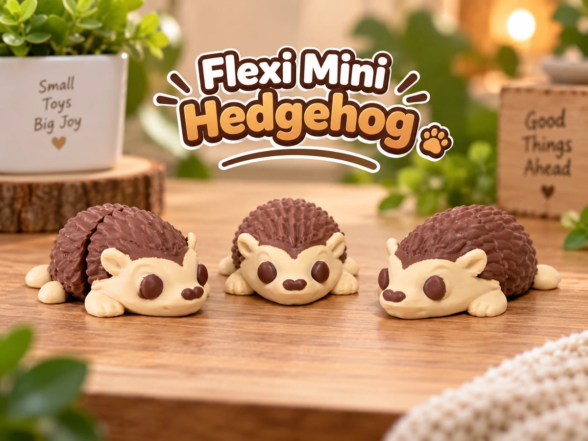 Three cute Flexi Mini Hedgehog 3D-printed toys in cream and brown, displayed on a warm wooden tabletop with plants and a cozy natural background. Wigglenest collectible articulated mini toys designed for playful display and gifting