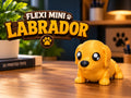 Cute yellow 3D printed Flexi Mini Labrador by Wiggle Nest, featuring large black-and-white eyes, floppy ears, black nose and an articulated body, displayed on a warm studio-style wooden background.