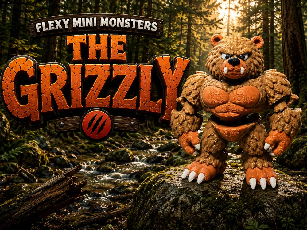Cute Flexi Grizzly Bear 3D printed articulated animal toy with a playful detailed design, a fun fidget for kids, collectors, party gifts and sensory play by Wigglenest 3D.