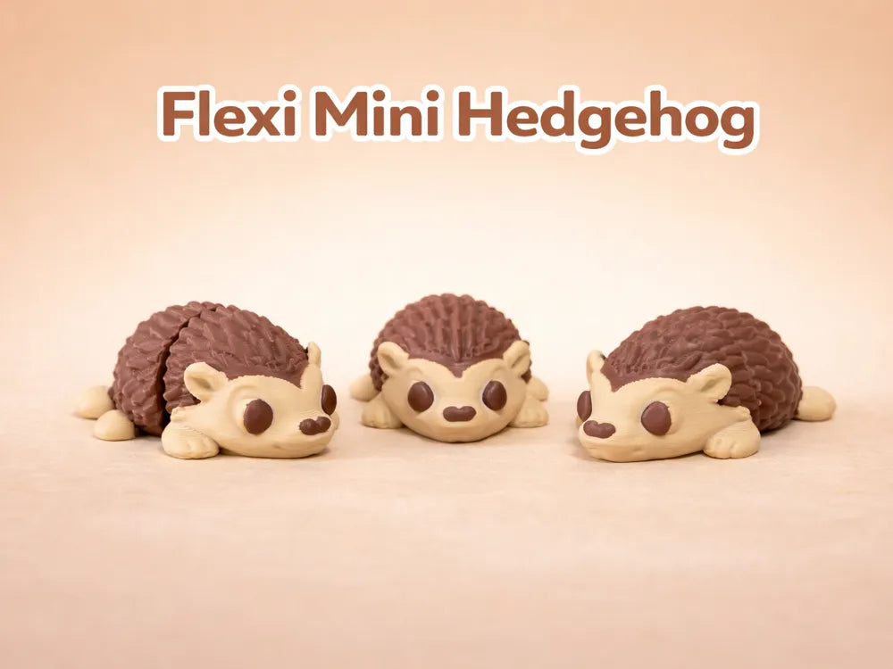 Three cute Flexi Mini Hedgehog 3D-printed toys in cream and brown, displayed on a warm wooden tabletop with plants and a cozy natural background. Wigglenest collectible articulated mini toys designed for playful display and gifting