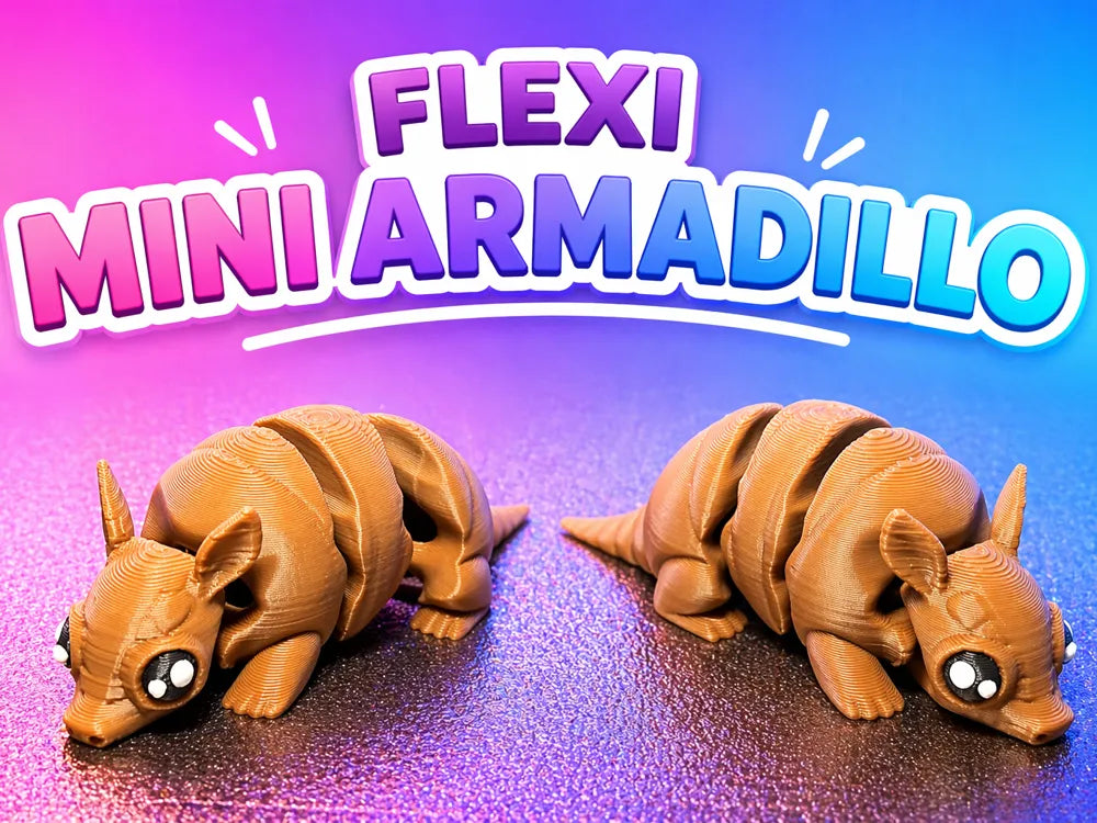 Cute Mini Armadillo 3D printed articulated animal toy with a detailed shell design, a fun flexi fidget for kids, collectors, party gifts and sensory play by Wigglenest 3D.