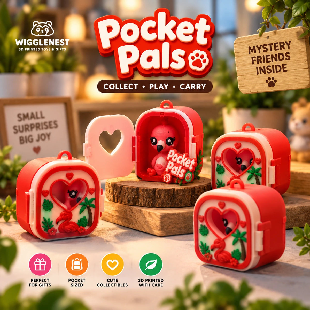 Cute red and pink 3D-printed Pocket Pal Flamingo collectible displayed inside a heart-themed mini carrying case, part of the Wigglenest Pocket Pals collection in Malaysia.