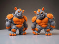 Cute gray and orange 3D printed Flexi Mini Monster Rhino toy in a colorful jungle setting, featuring an articulated design and WiggleNest branding