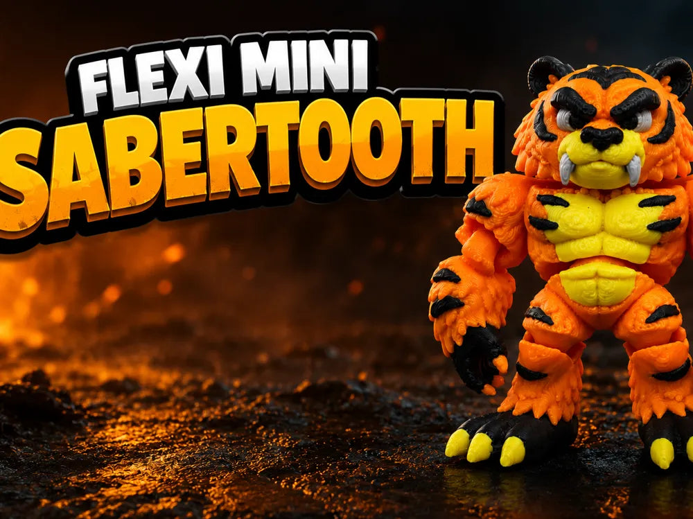 Cute Flexi Sabertooth 3D printed articulated toy, a playful prehistoric big cat fidget for kids, collectors, party gifts and sensory play by Wigglenest 3D.