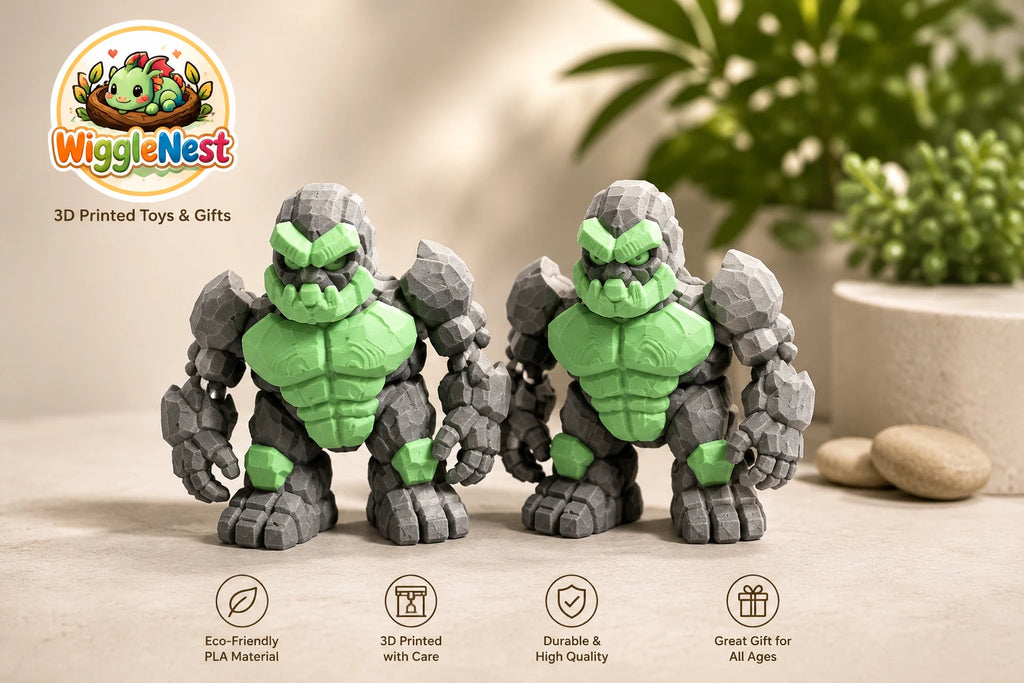 WiggleNest articulated stone golem 3D printed toy in gray and green PLA, professionally displayed with eco-friendly materials and premium craftsmanship. Durable collectible flexi toy, designed and made in Malaysia. 