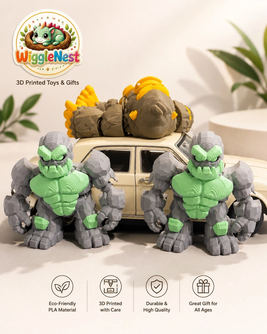 WiggleNest articulated stone golem 3D printed toy in gray and green PLA, professionally displayed with eco-friendly materials and premium craftsmanship. Durable collectible flexi toy, designed and made in Malaysia.