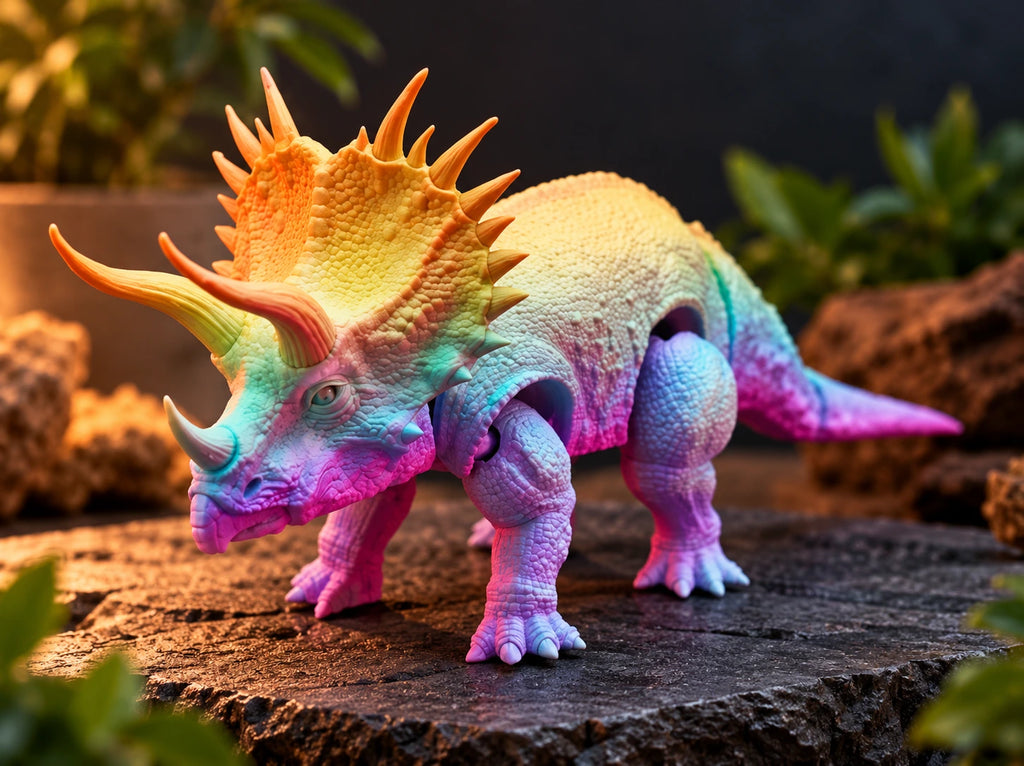 Colorful 3D-printed articulated Triceratops collectible featuring detailed horns and textured skin, displayed on a rocky prehistoric-style setting with dramatic warm lighting and a softly blurred natural background