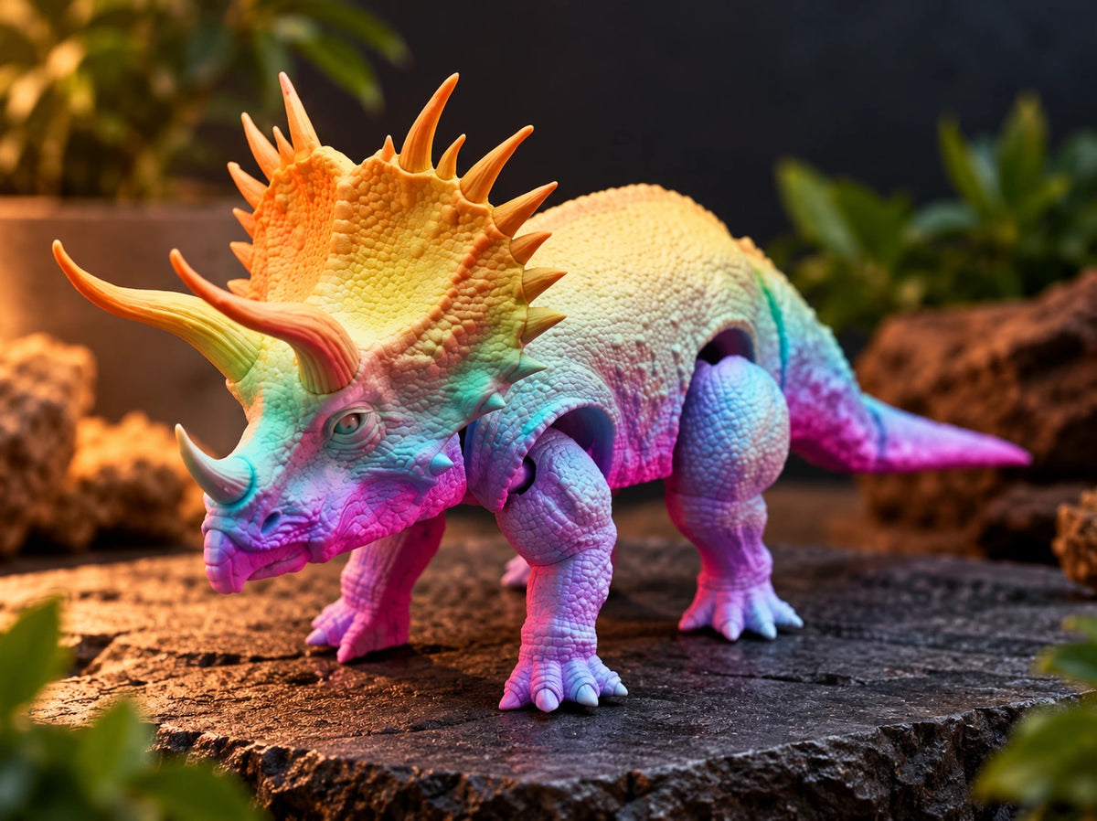 Colorful 3D-printed articulated Triceratops collectible featuring detailed horns and textured skin, displayed on a rocky prehistoric-style setting with dramatic warm lighting and a softly blurred natural background
