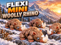 Flexi Mini Woolly Rhino 3D-printed collectibles with cute brown textured bodies, large white horns and articulated sections, displayed in a snowy mountain scene at sunset.